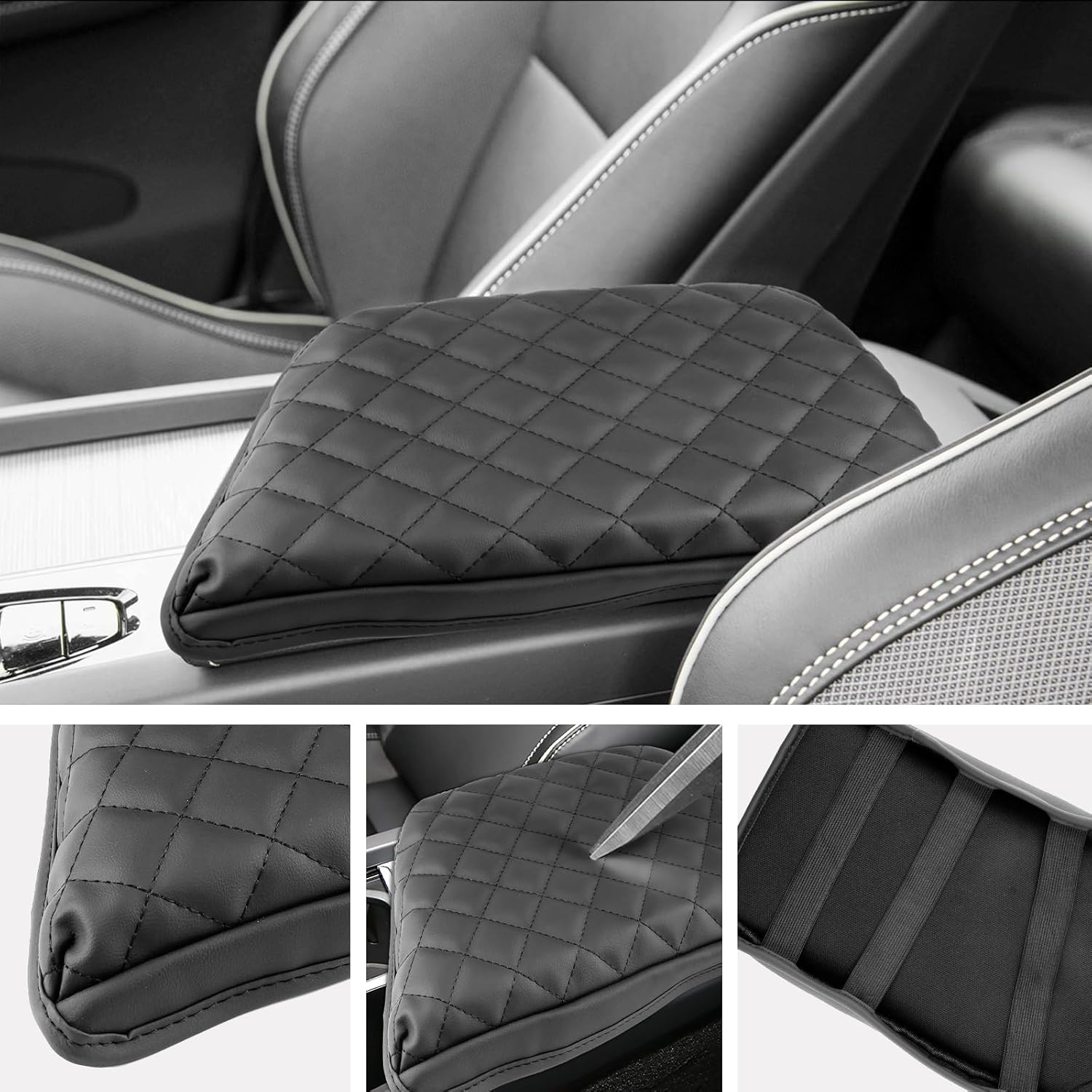 SXCY for 2025 Volvo XC60 Armrest Cover [Add Pad] for Volvo XC60 2018-2025 Accessories 2025 XC60 Center Console Cover 2025 XC60 Middle Console Cover (Black Checkered Pad)