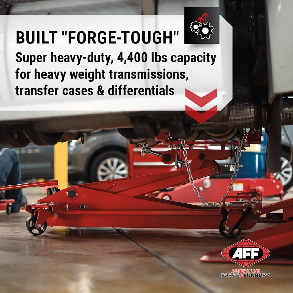 AFF Low Profile Manual Hydraulic Transmission Jack - Heavy Duty Steel Body, Adjustable Saddle with Safety Chain & 360 Handle - For Transmissions, Transfer Cases & Differentials (Multiple Capacities)