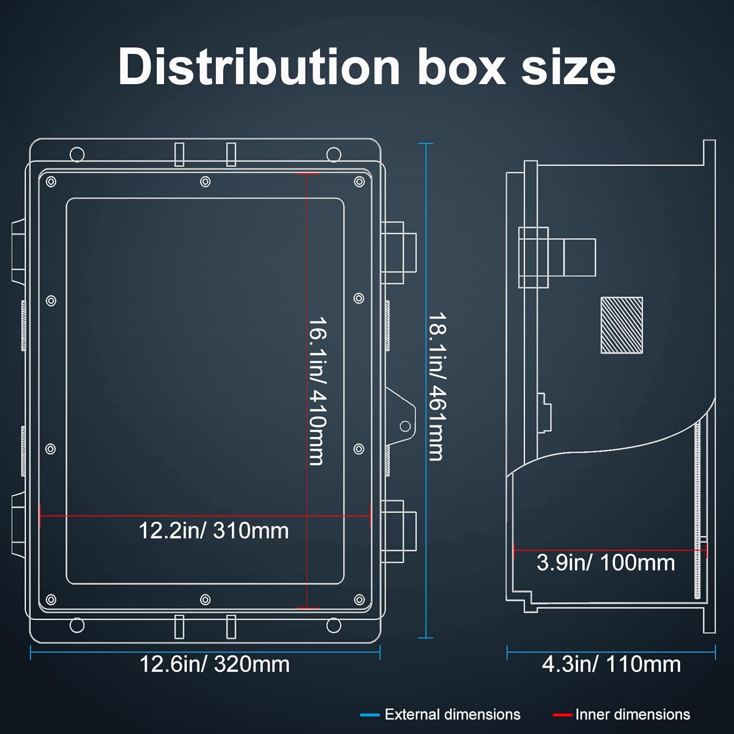 Outdoor Electrical Junction Box with High Power Outlet, ABS Water Resistant Enclosure with Internal Mounting Panel & Hinged Cover. (18.1" H* 12.6" L* 4.3" W & Outlet)