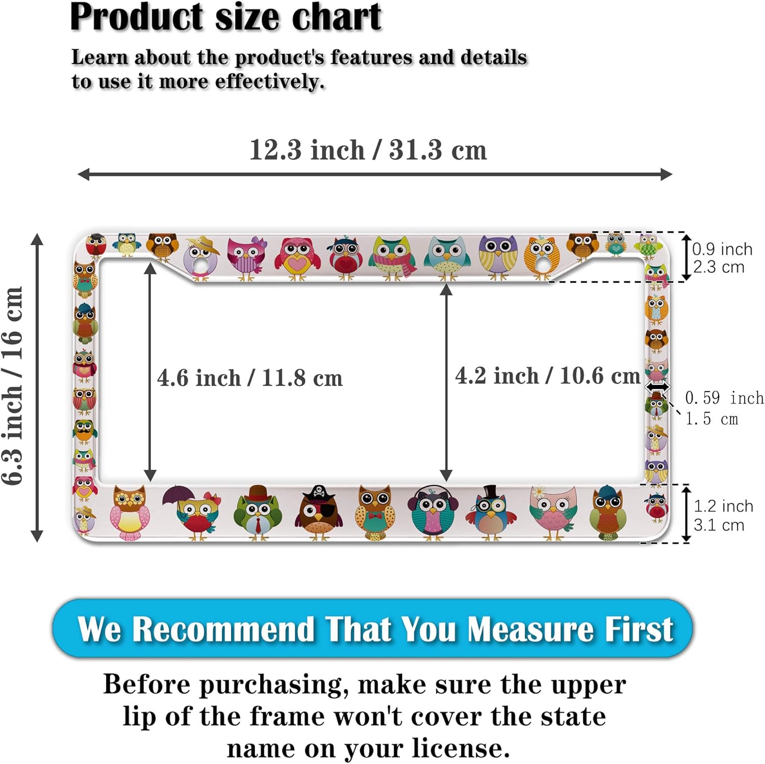 License Plate Frames for Women Multicolor License Plate Frame for Men Cute Owl Universal Aluminum Car Accessory 2 Pack with Screw Covers Set