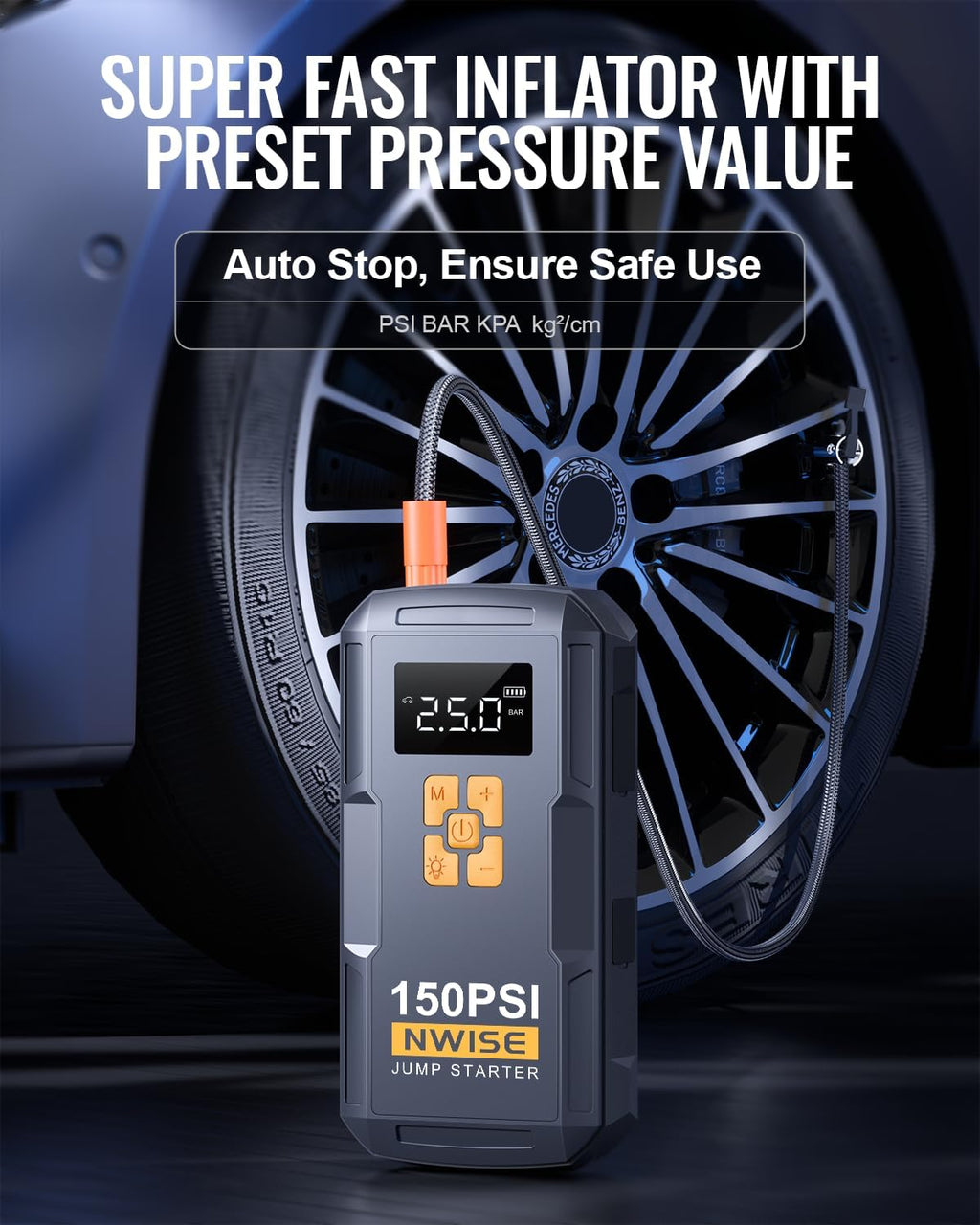 Portable Car Jump Starter with Air Compressor, 150PSI Jump Box Battery Pack with Digital Tire Inflator,12V Booster Pack with Large LCD Display, Emergency Light