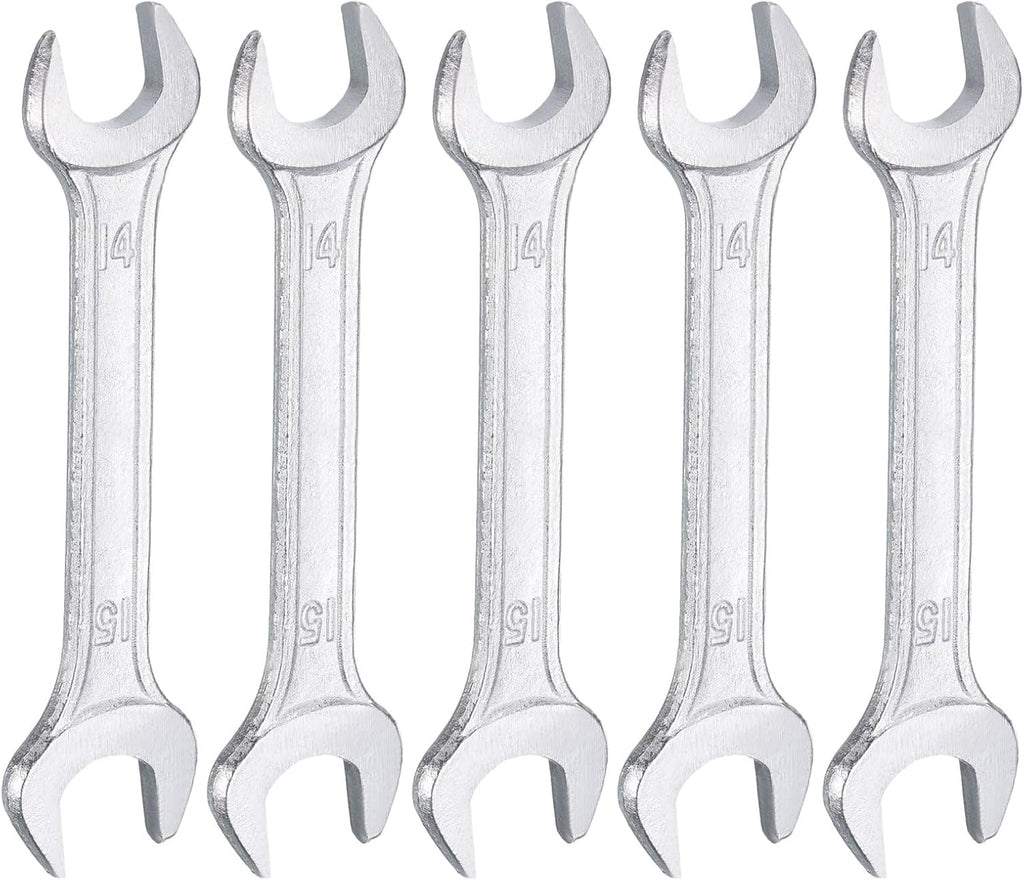 HARFINGTON 5pcs Double Open End Wrench 14mm x 15mm Metric 15 Degree Offset Angle Small Flat Head Wrench Galvanizing Open Ended Spanner for Automotive Repair Furniture Assembly