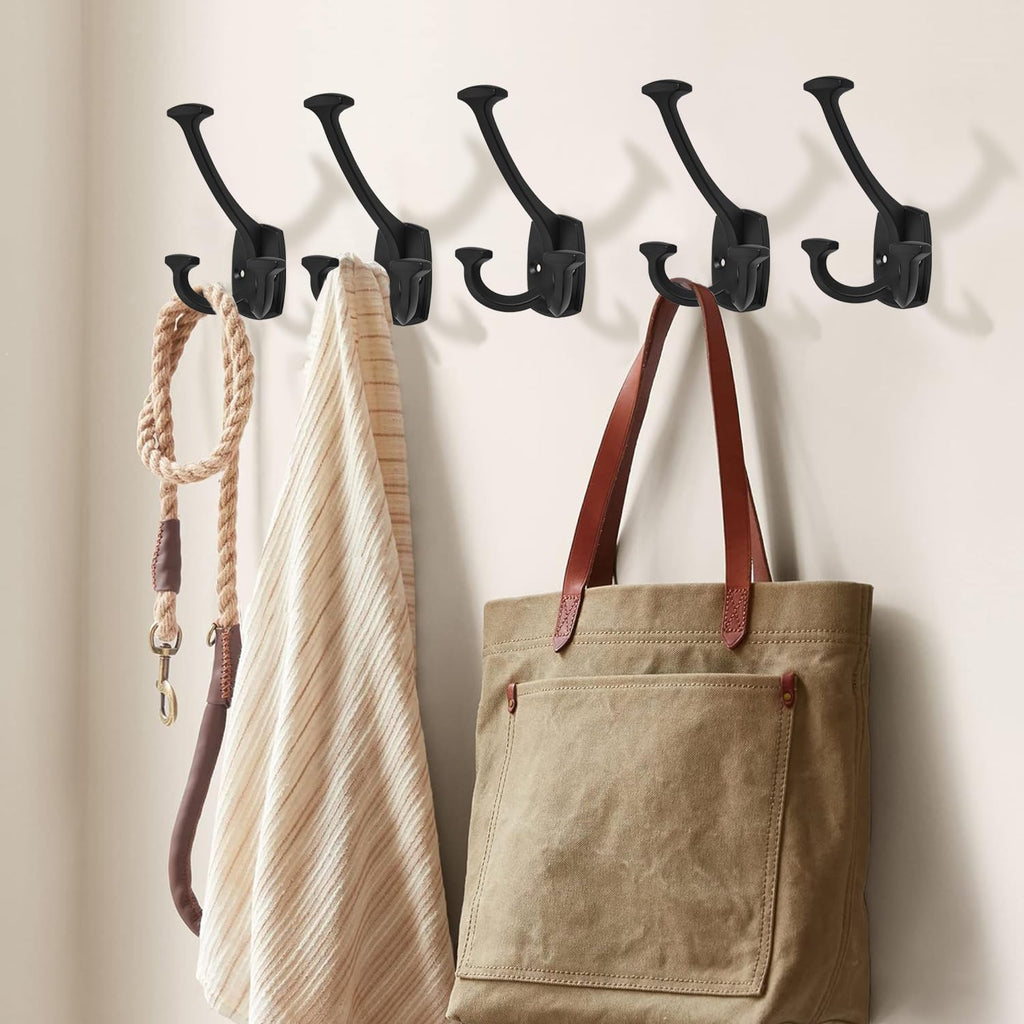Large Wall Double-Sided Hook 5 Pack Matte Black Hook Decorative Heavy Duty Solid Large Coat Hooks for Towel Hanging Coats Robe Towel Bags Door Back 2 Prong Hooks