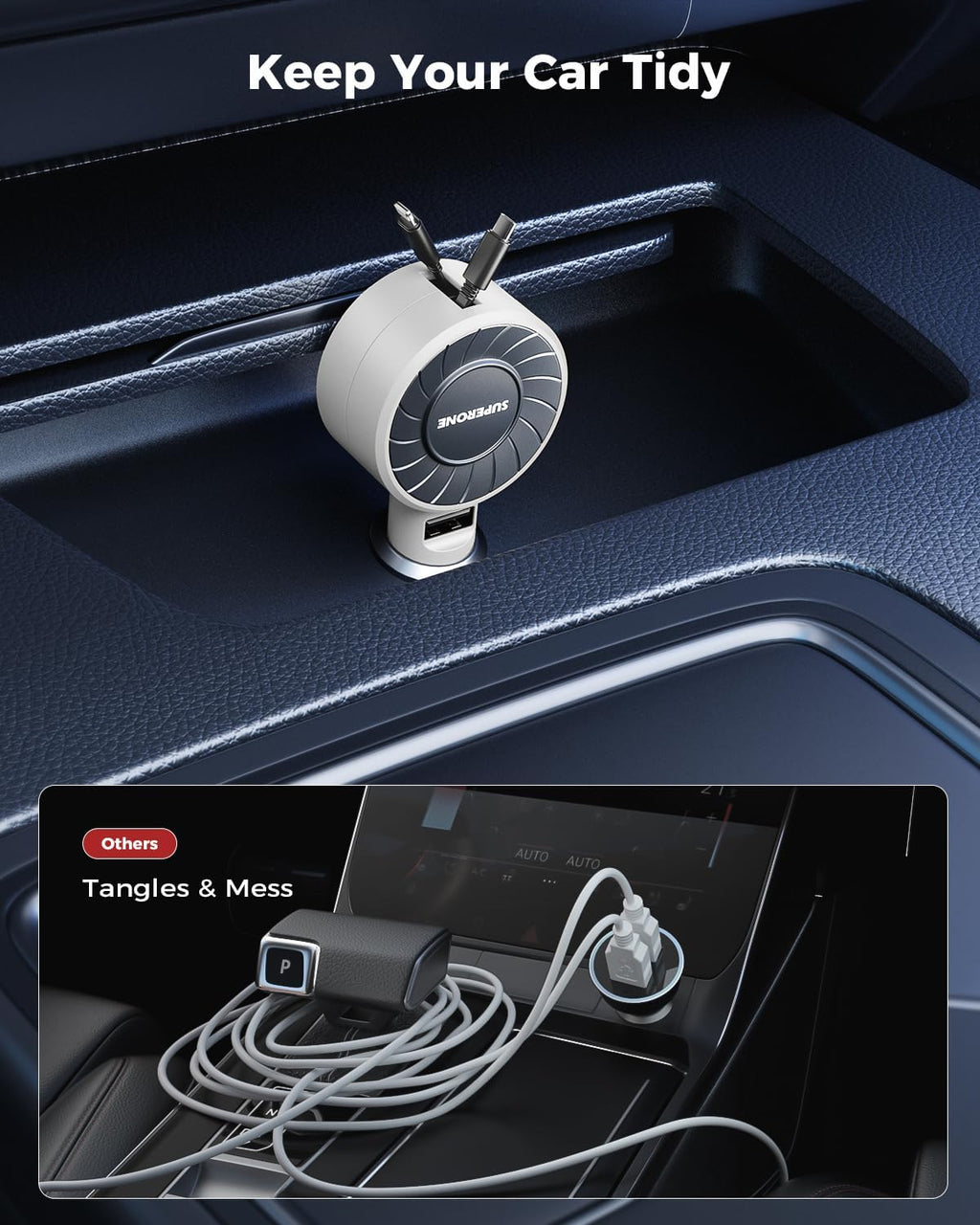 SUPERONE 3-in-1 Car Charger with Retractable Cords, USB C Charger Car Adapter Compatible with iPhone 16/15/14/13/12/11 Pro Max Samsung Android Phones