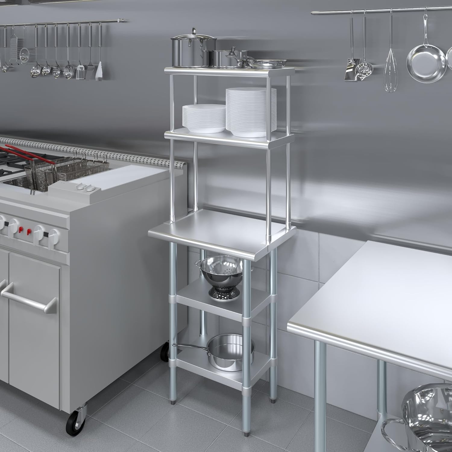 Amgood Stainless Steel Work Table with 2 Shelves | Metal Kitchen Prep Table & Shelving Combo (18" x 24" Table with 2 Shelves + 12" Overshelf)