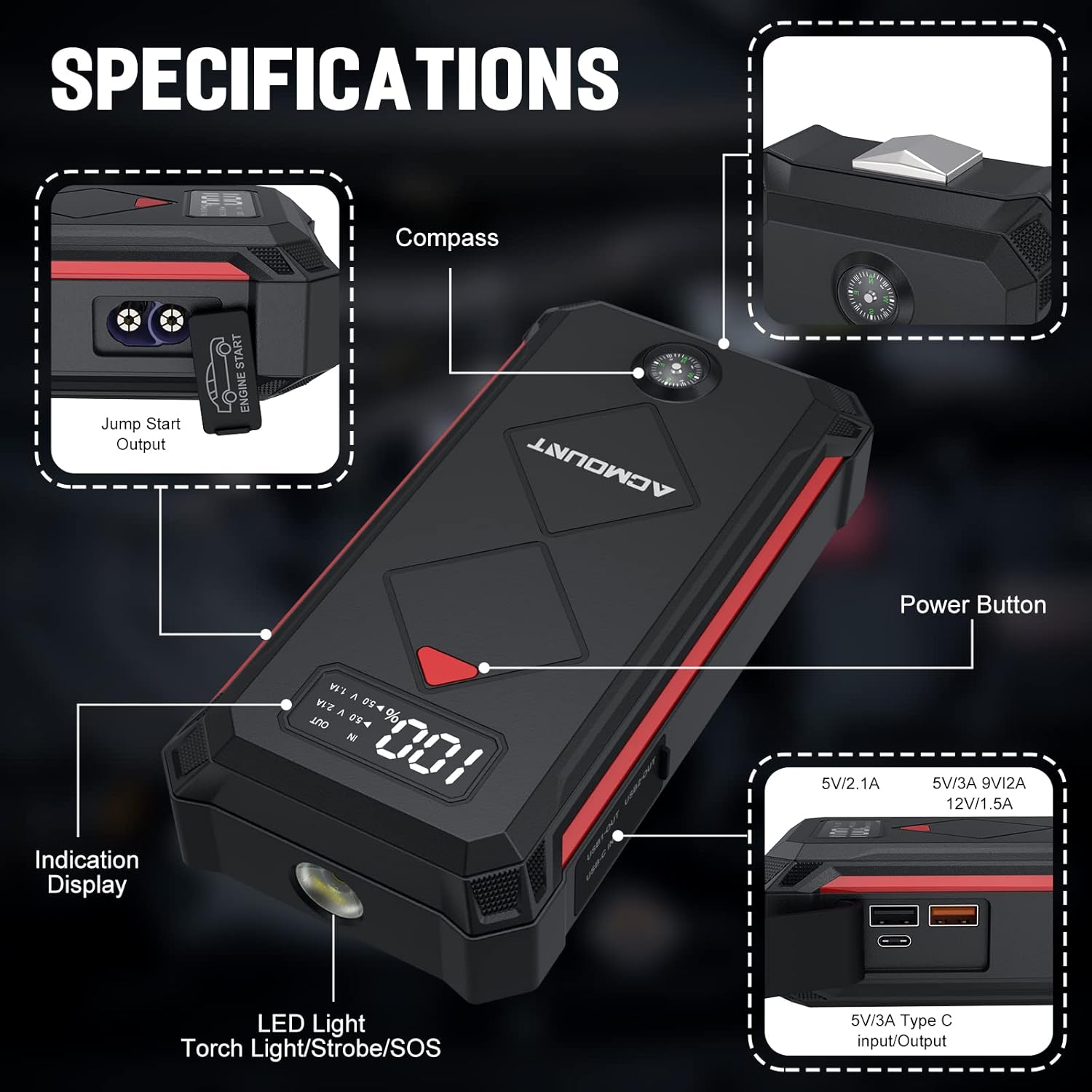 P100 Car Jump Starter, 5000A Peak Lithium Jump Starter Battery Pack for Up to 10.0L Gas or 8.0L Diesel Engine, Safe 12V Portable Battery Starter Power Pack with LED Screen & LED Light