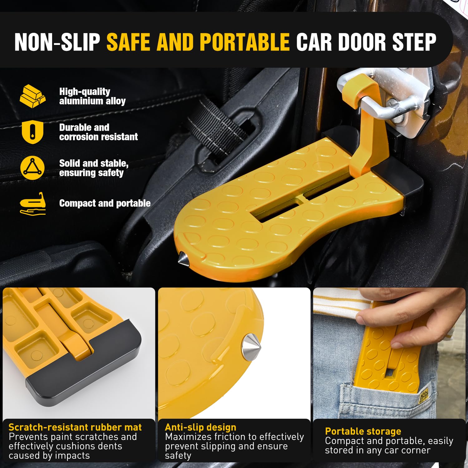 Nilight Car Door Step for Roof Access Universal Car Step Hook for Roof SUV Trucks Folding Aluminum Alloy Vehicle Door Latch Step Pedal with Glass Breaker Safety Hammer, Max Load 400lbs, 2 Pack Yellow