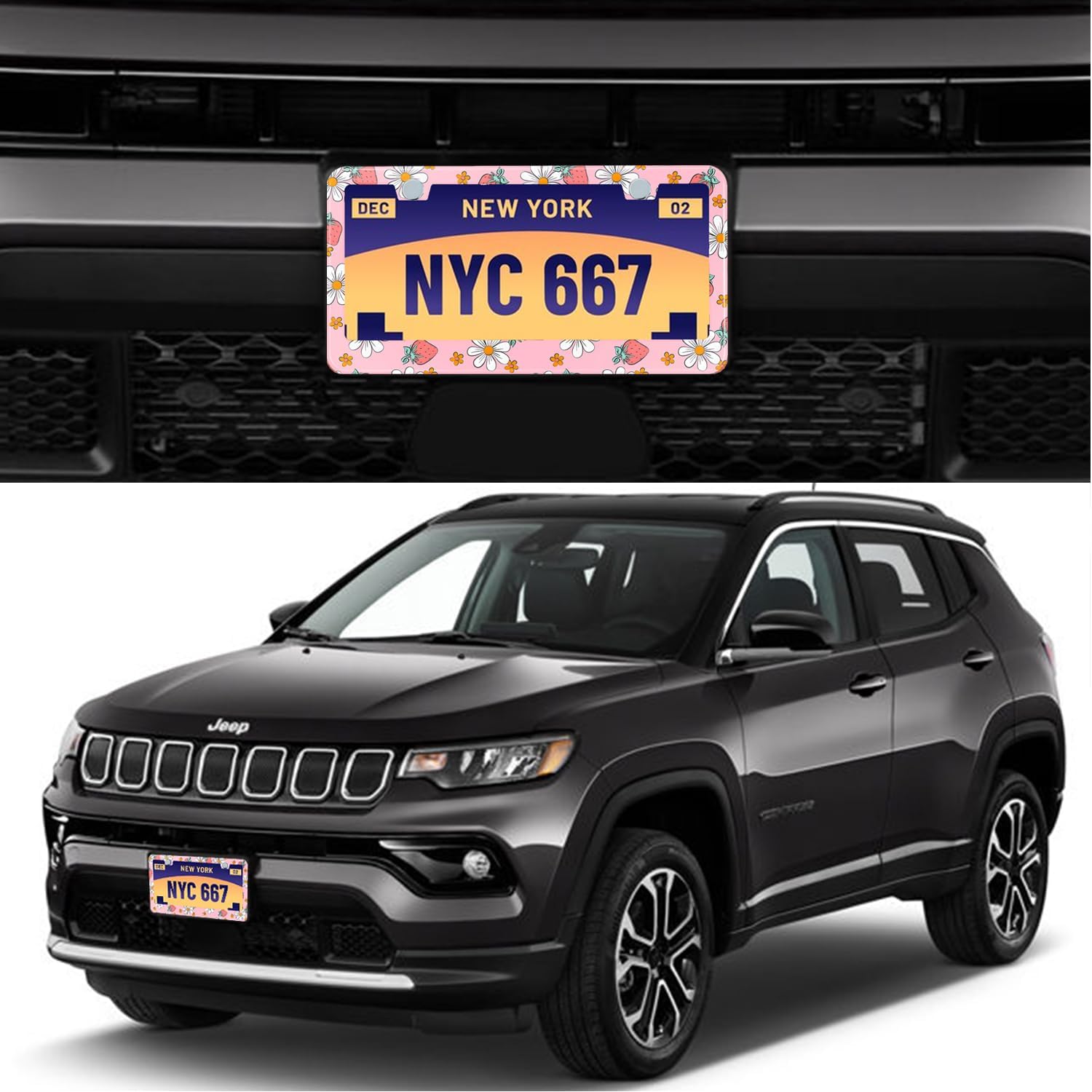 Pink Strawberry Floral License Plate Frame Stainless Steel License Plate Frames Holder Covers Rust-Proof Auto Parts Decoration with Screws License Plate Holder for Car Accessories 12x6 Inch