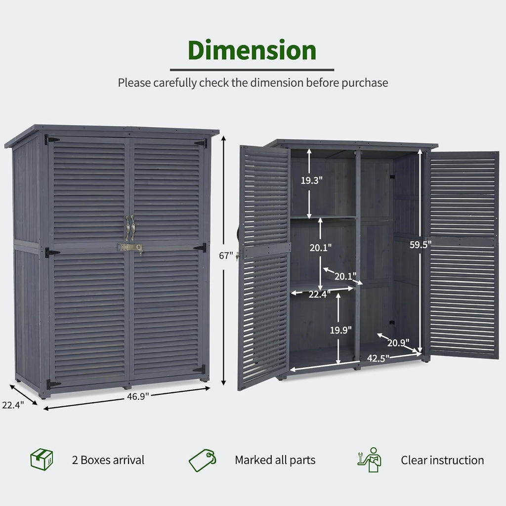 MCombo Outdoor Storage Cabinet, Wooden Storage Shed with Latch, Outside Garden Tool Shed with 2 Doors for Patio Yard Lawn, 1900 (Grey, Large)