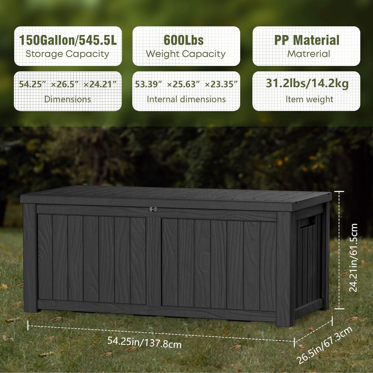 150 Gallon Outdoor Storage Box Patio Deck Box Waterproof, Resin Lockable Outside Large Storage Bin for Pool Cushion Furniture, Garden Tools UV-Resistant, Black