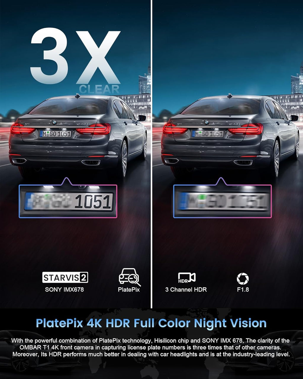 OMBAR T1 4K 3 Channel Dash Cam, STARVIS 2 IMX678 Sensors, Free 128GB Card, 2025 New Full Color HDR Night Vision, 4K+1080P+1080P Triple Car Camera,5G WiFi, 24H Parking Mode, Support 512GB Max