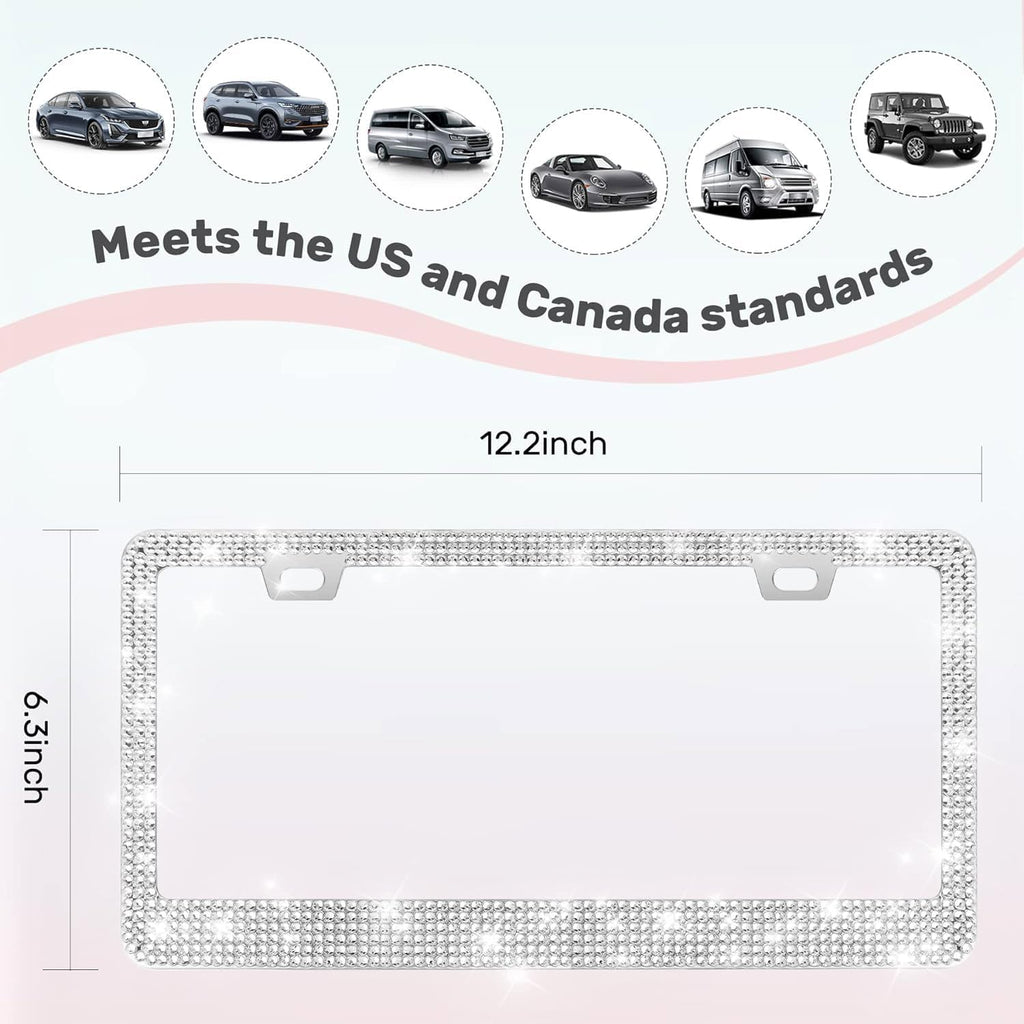 2 Pack License Plate Frames for Women, Sparkly Rhinestone Diamond Car Accessories with Glitter Crystal Caps (White (2PCS))