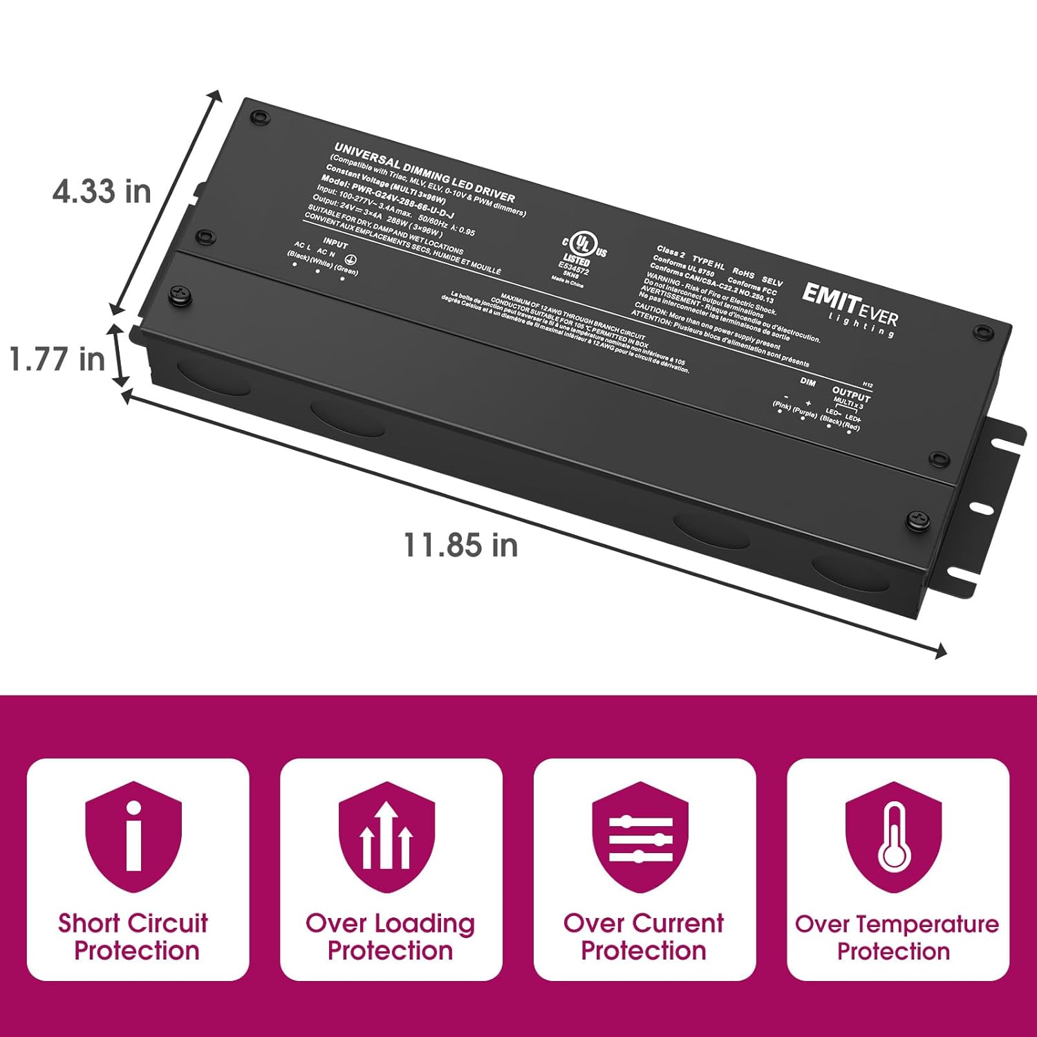 EMITEVER 288W Dimmable LED Driver, 24V 5-in-1 Dimmable Power Supply,3-Channels AC to DC Transformer for LED Light, Compatible with Lutron and Leviton Dimmer, Waterproof IP67 and UL Listed, Class 2