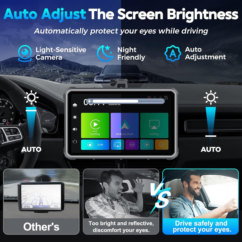 Portable Apple Carplay Screen for Car, 8" Wireless Android Auto Screen with 4K Dash Cam & 1080P Backup Camera, Secure Strong Bracket, Navigation, Bluetooth, Mirror Link, Fits All Vehicles