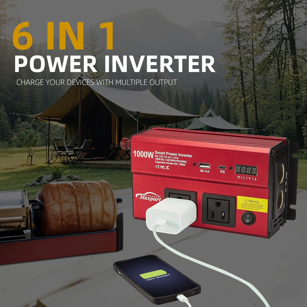 TWING Car 1000w Inverter,12v DC to 110v Power Inverters for Vehicles 1000 watt with Dual AC Outlets 3.0A USB and Type-C,12 Volt Inverter Car Cigarette Lighter Battery