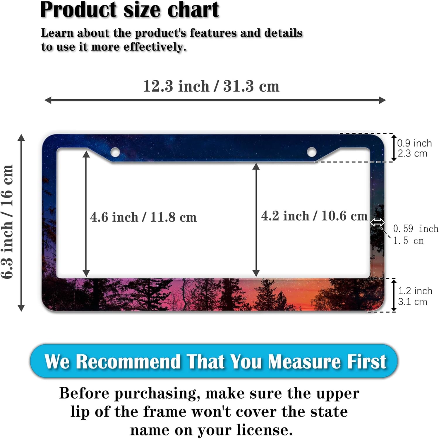 Car Plate Frame for Women Multicolor License Plate Frames for Men Forest Night Sky Universal Aluminum Car Accessory 2 Pack with Screw Covers Set