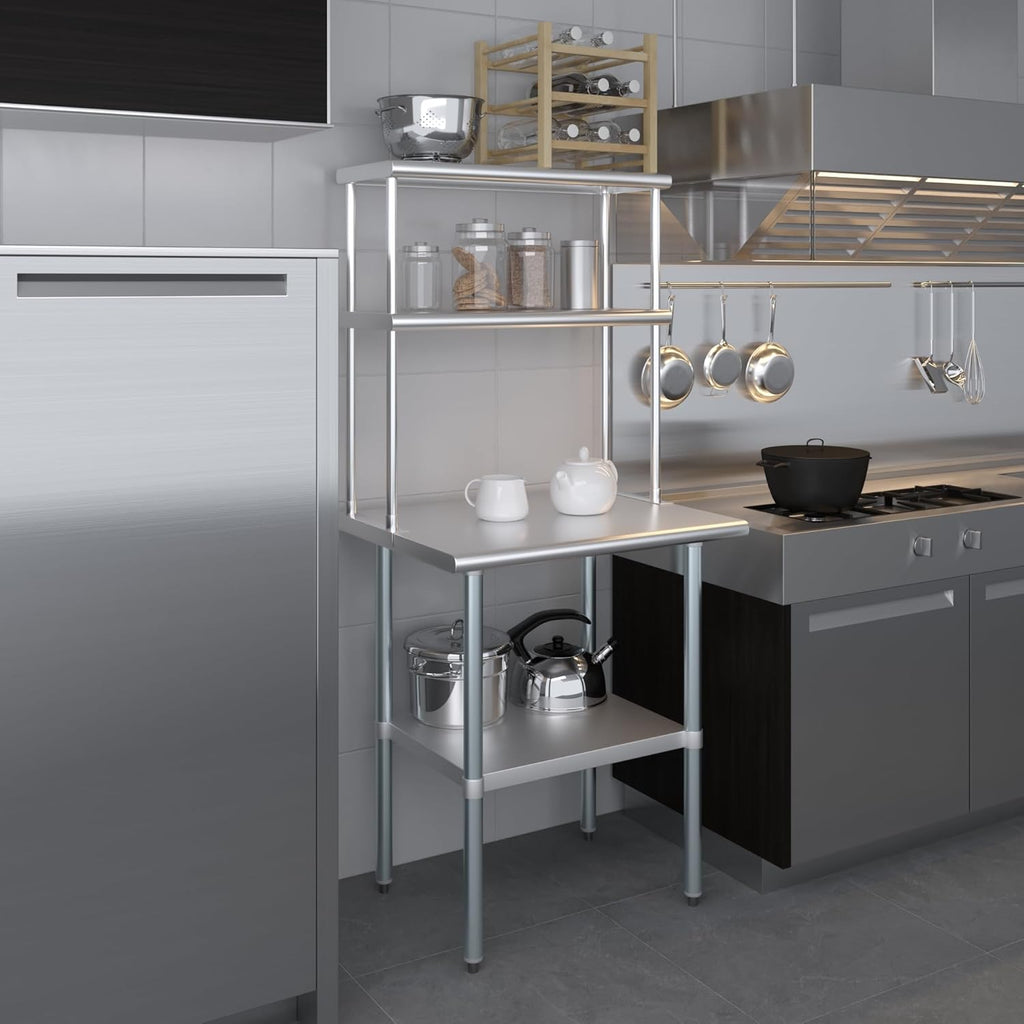 Amgood Stainless Steel Work Table Double Tier Overshelf | Metal Kitchen Prep Table & Shelving Combo (24" x 30" Work Table + 12" Overshelf)
