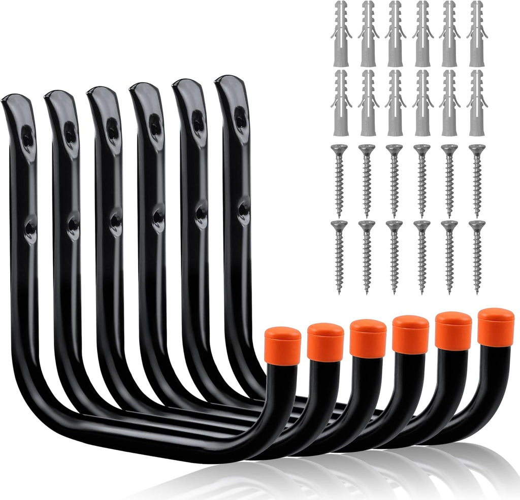 HORUSDY 6 Pack Garage Hooks, 8 inch Utility Hooks, Garage Hooks Heavy Duty Wall Hooks (Black, 8 inch)