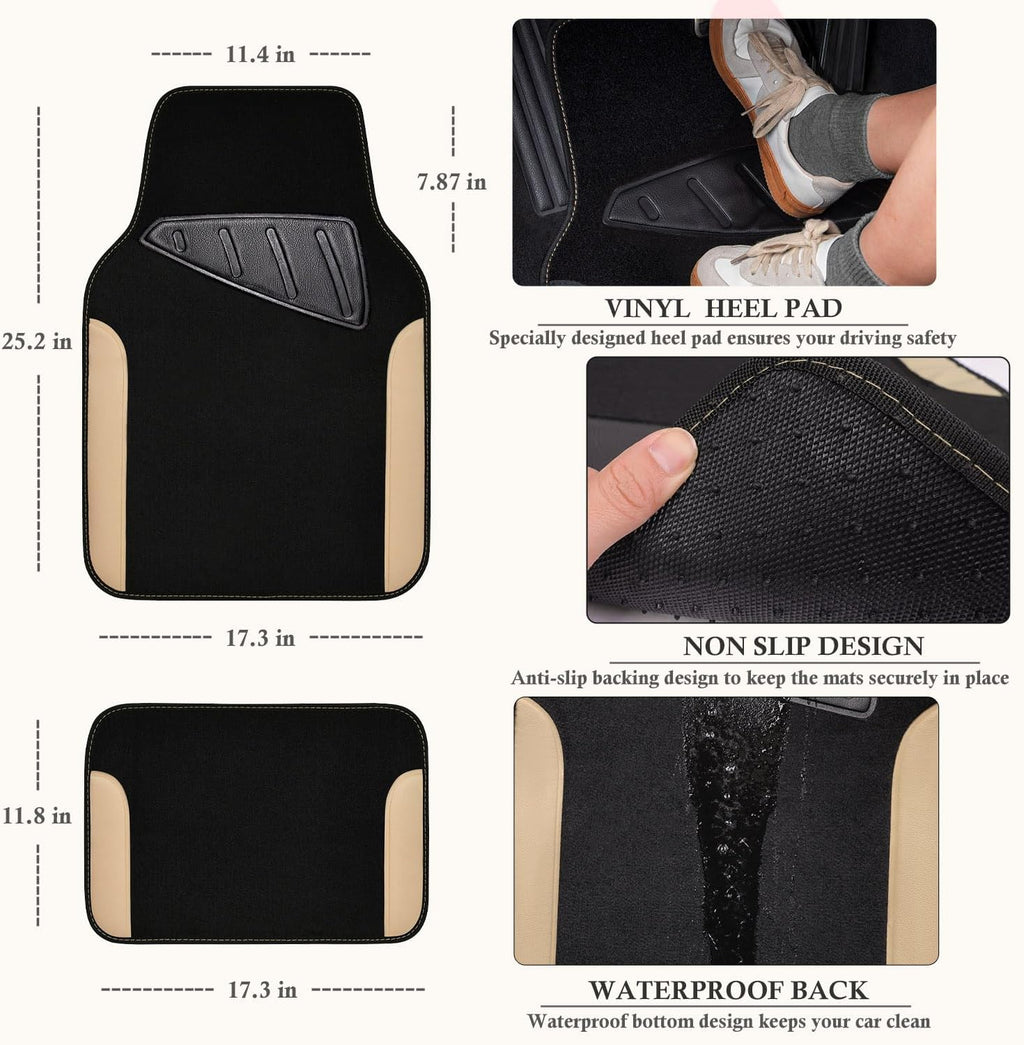 CAR PASS Waterproof Car Floor Mat, Universal Fit Car Mats with Driver Heel Pad, Leather Car Carpet, Anti-Slip Nibbed Backing Floor Mats for SUV, Vans,Sedan,Truck, Automotive Floor Mats (Black Beige)