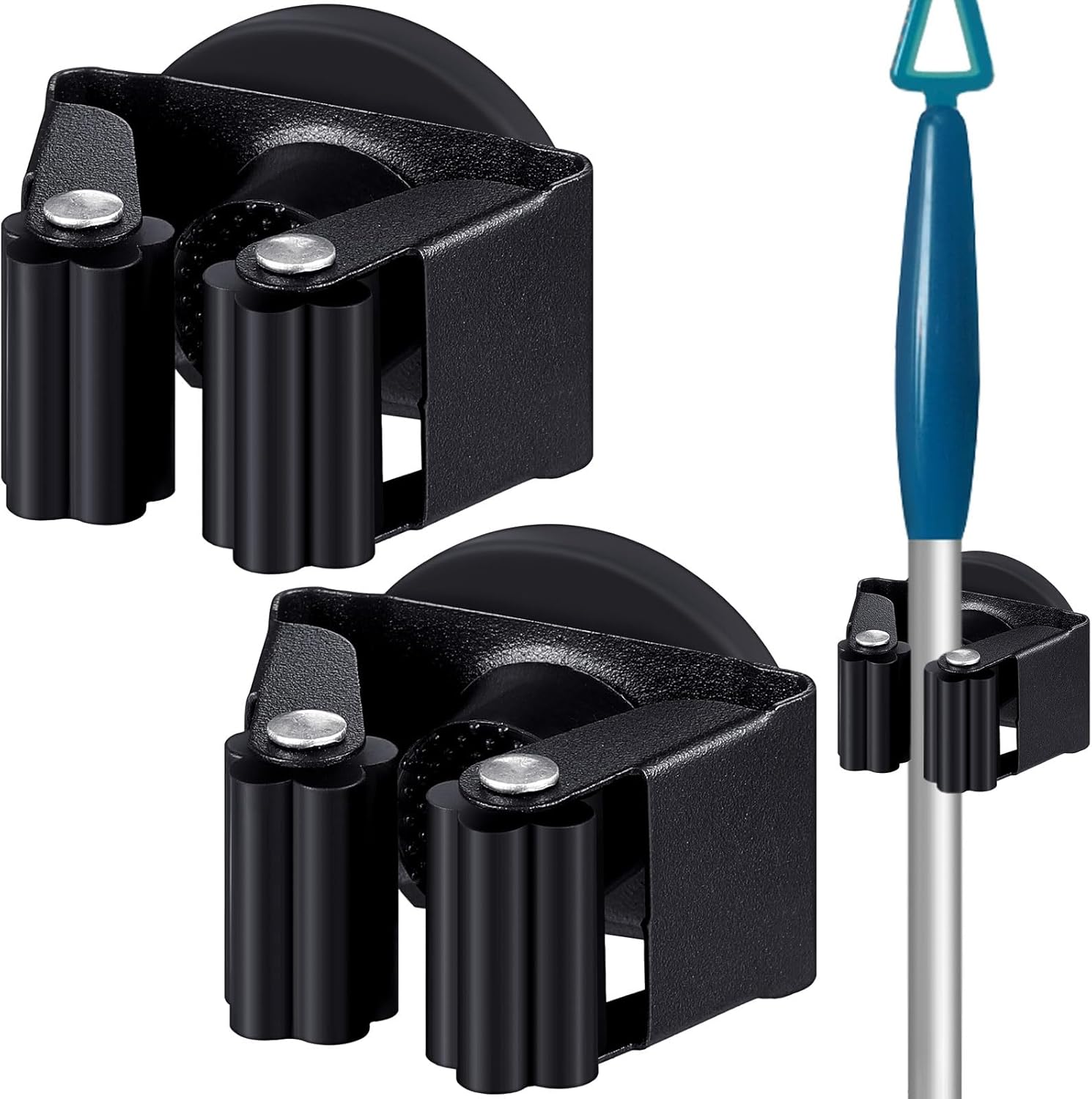 2 Pcs Magnetic Mop Broom Holder Movable Magnetic Broom Holder Rack, Anti Slip Wall Mounted Utility for Cleaning Tools, Garage, Kitchen, Laundry, Garden (Black)