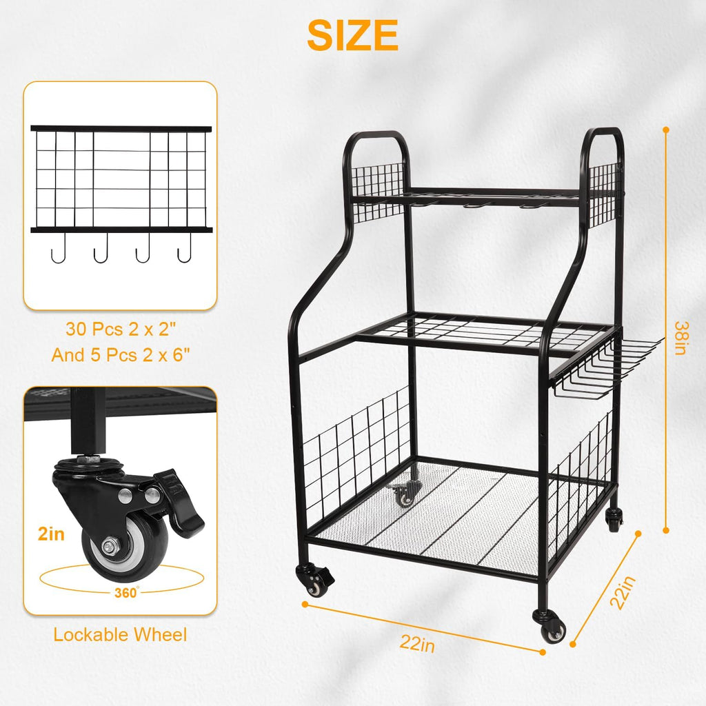 FZK Garden Tool Organizer,Heavy Duty Steel Yard Tool Organizer for Garage,Up to 49 Long-Handled Tools, Garden Tool Storage with Wheels,Garden Tool Organizer for Garage,Black