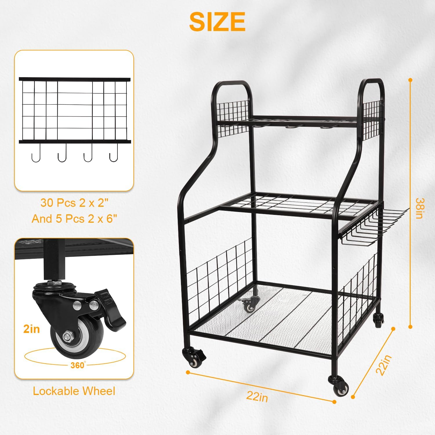 FZK Garden Tool Organizer,Heavy Duty Steel Yard Tool Organizer for Garage,Up to 49 Long-Handled Tools, Garden Tool Storage with Wheels,Garden Tool Organizer for Garage,Black