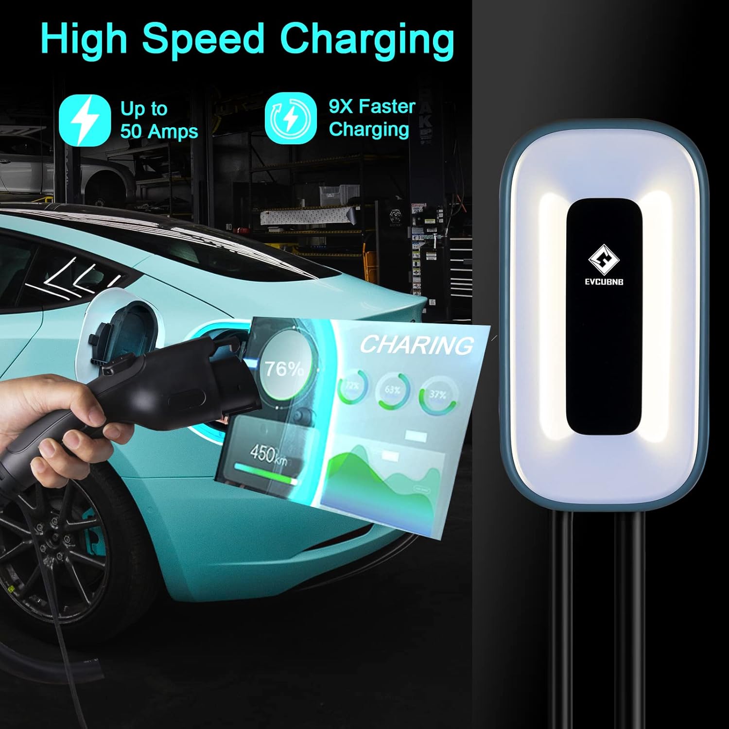 EV Charger Level 2，50 Amp Charge Station, 240V,Indoor/Outdoor EVSE, 25Ft Cable Level 2 ev Charger, 2.4GWiFi/APP/RFID Card (NEMA14-50 Plug or Hardwired)