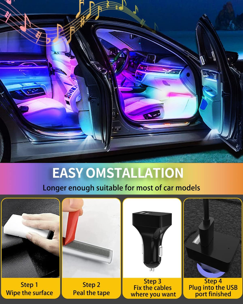 YM E-Bright RGB LED Strip Lights for Car App Control with Remote Led Lights car Interior with Charger Music Sync Under Dash Footwell Neon Lighting Kit w/USB Cable DC 12V