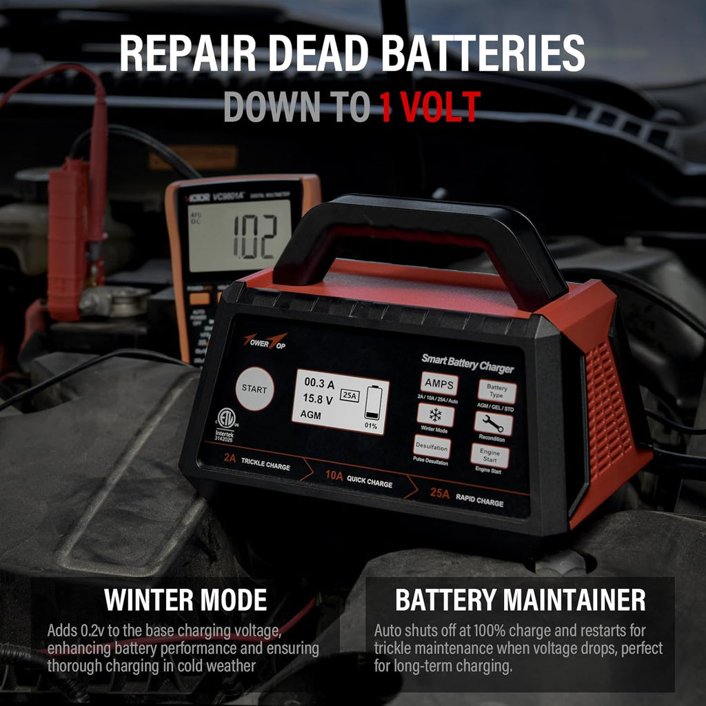 TowerTop 2/10/25 Amp 12V Smart Car Battery Charger, Fully Automatic Battery Maintainer with Engine Start, Auto Desulfator, Battery Repair, Winter Mode, for AGM, STD, Gel, Deep Cycle Batteries