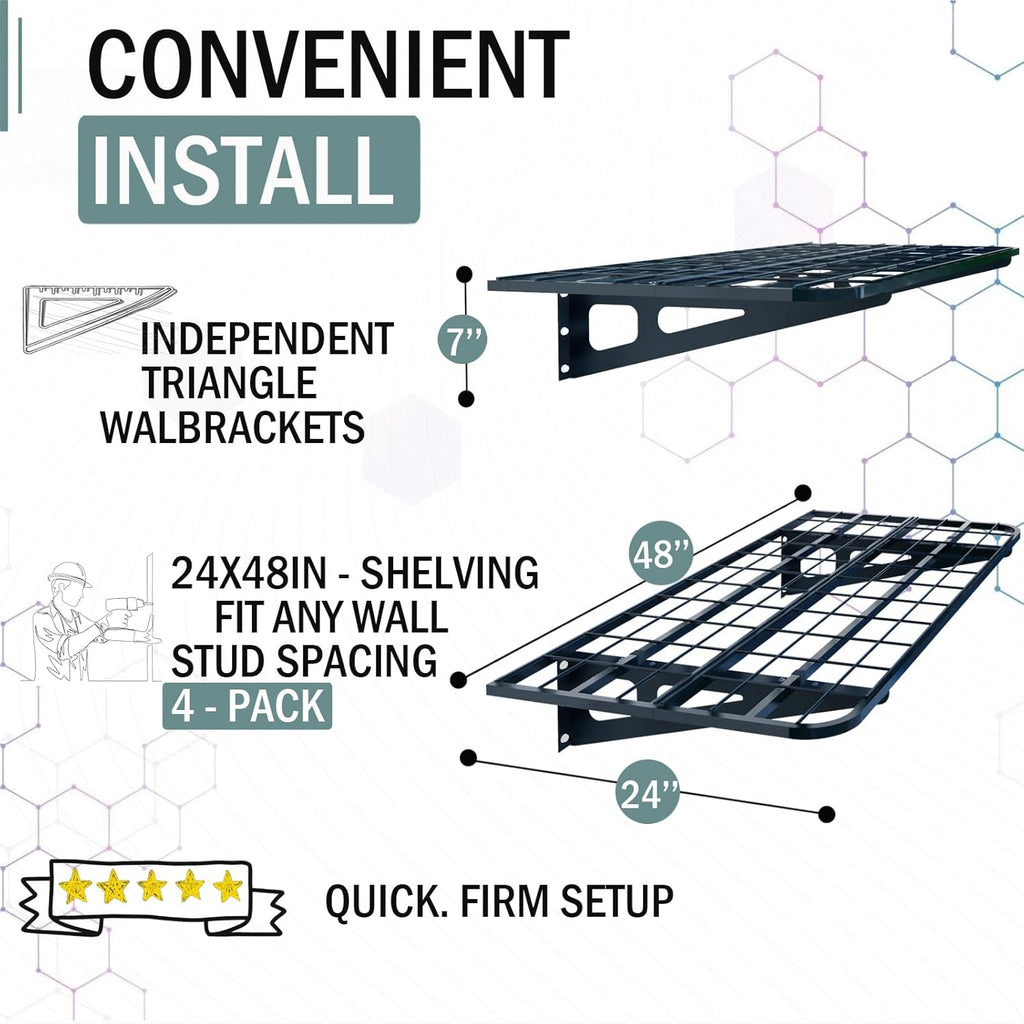 2-Pack 2x4ft Garage Wall Shelves, 2 Shelf Total 8 ft(L) Garage Shelving Wall Mounted – Heavy-Duty Storage Shelves, Perfect for Holding Storage Bins, Boxes, Sporting Goods, Tools, and More Space-Saving
