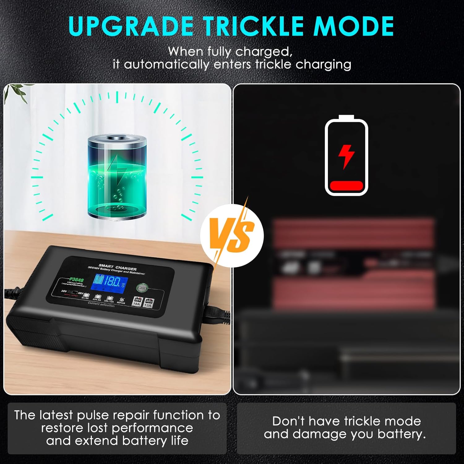 36V/48V Golf Cart Charger, 18Amp Smart Charger, Trickle Battery Charger Maintainer, D-Plug, Lithium, LiFePO4, Lead-Acid AGM/Gel/SLA, EZGO TXT, Car, Boat