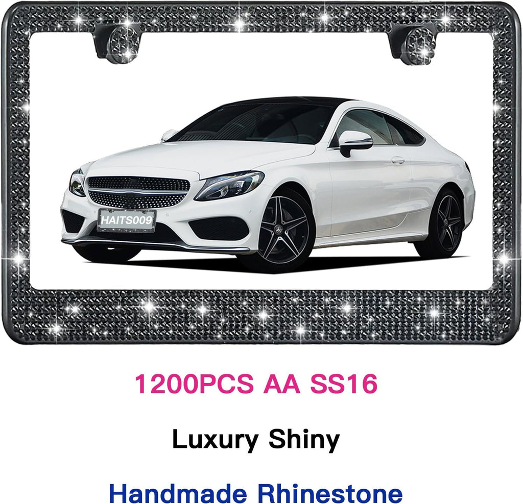 2 Pack License Plate Frames for Women, Sparkly Rhinestone Diamond Car Accessories with Glitter Crystal Caps (Black (2PCS))