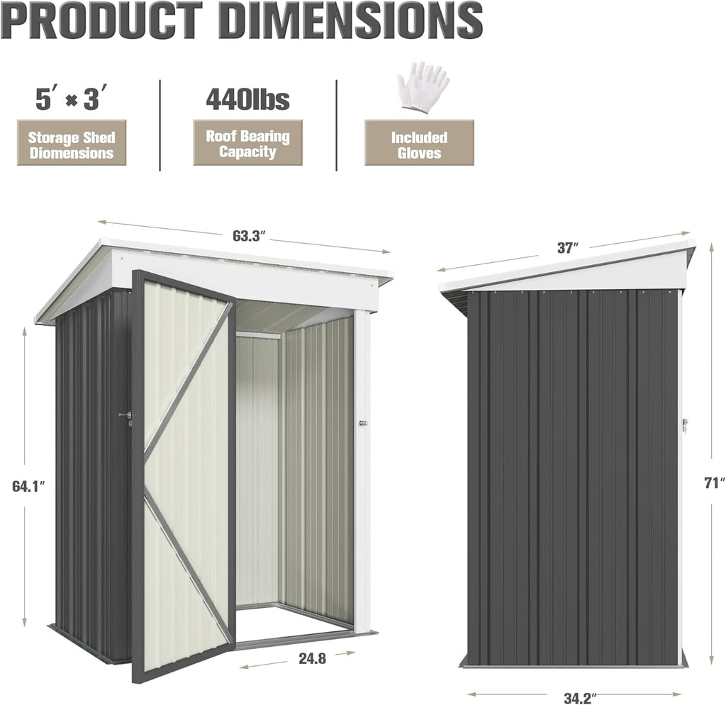 JUMMICO Metal Outdoor Storage Shed 5 x 3 FT Metal Shed with Lockable Door,Waterproof Garden Tool Shed Storage House for Backyard Patio Lawn,Grey