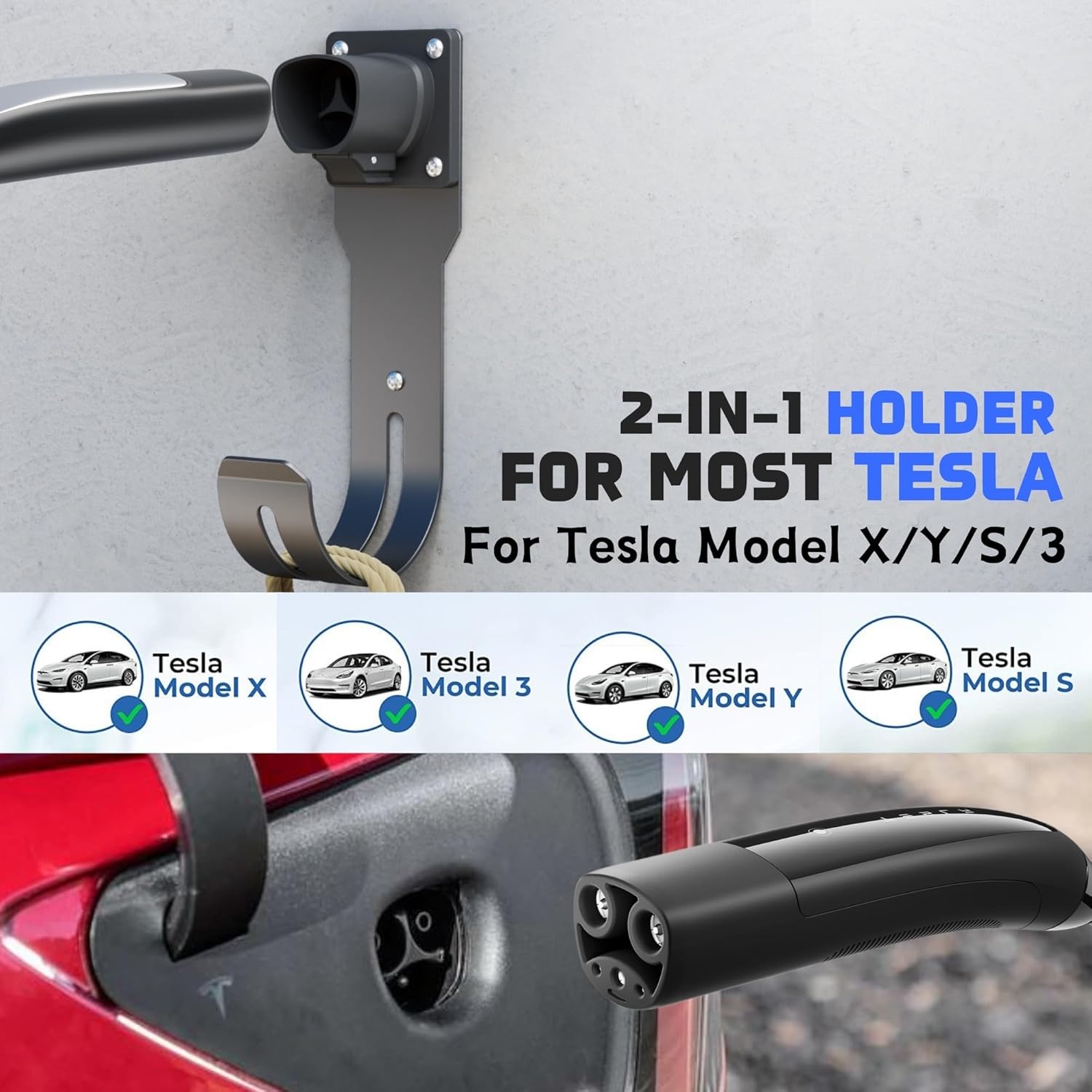 MECMO for Tesla Charger Holder - Wall Mount Dock & J-Hook for Model 3/Y/X/S, Heavy Duty Steel EV Charging Cord Hanger Compatible with NACS Connector