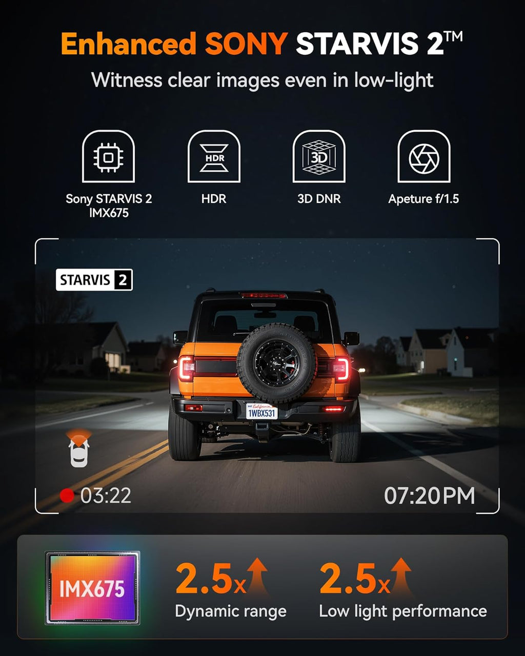 WOLFBOX X3 2.5K 60FPS Dash Cam, STARVIS 2 IMX675 with ADAS, 2.5K+1080P Dual Dash Cam Front and Rear, Built-in 5.8GHz WiFi & GPS, Included 64GB Card, Touch Screen, G-Sensor, Loop Recording