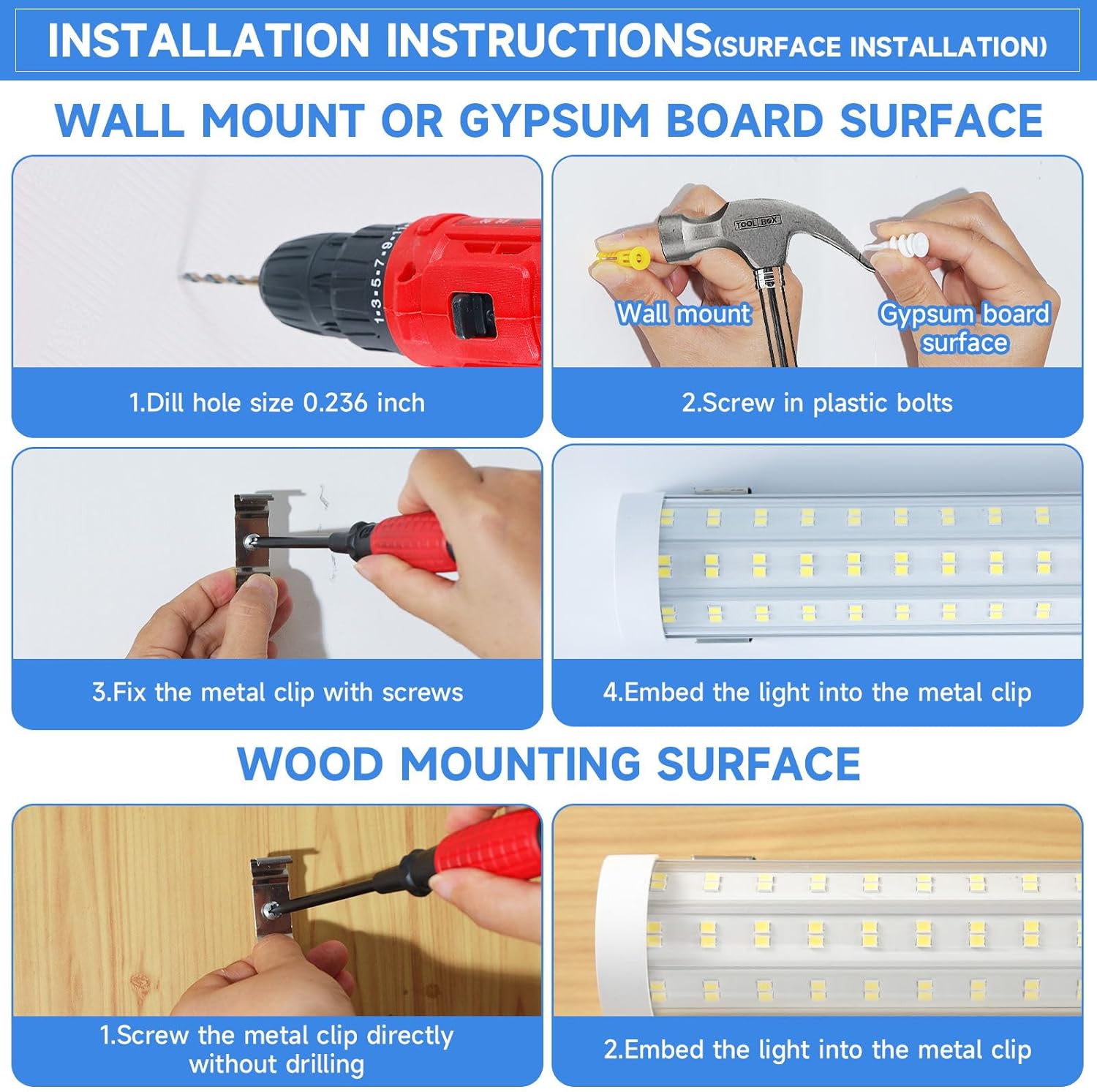 8FT U Shape 125W Integrated Tube Bright LED Light, 6500K Clear White, 20000LM - Flush Mount/Hanging Linkable LED Ceiling Lights for Garage, Plug&Play, 6 Pack