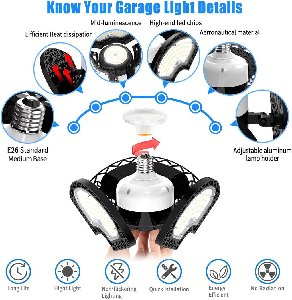 LED Garage Light 80W Deformable LED Ceiling Lights 12000 Lumens Led Shop Lights for Garage