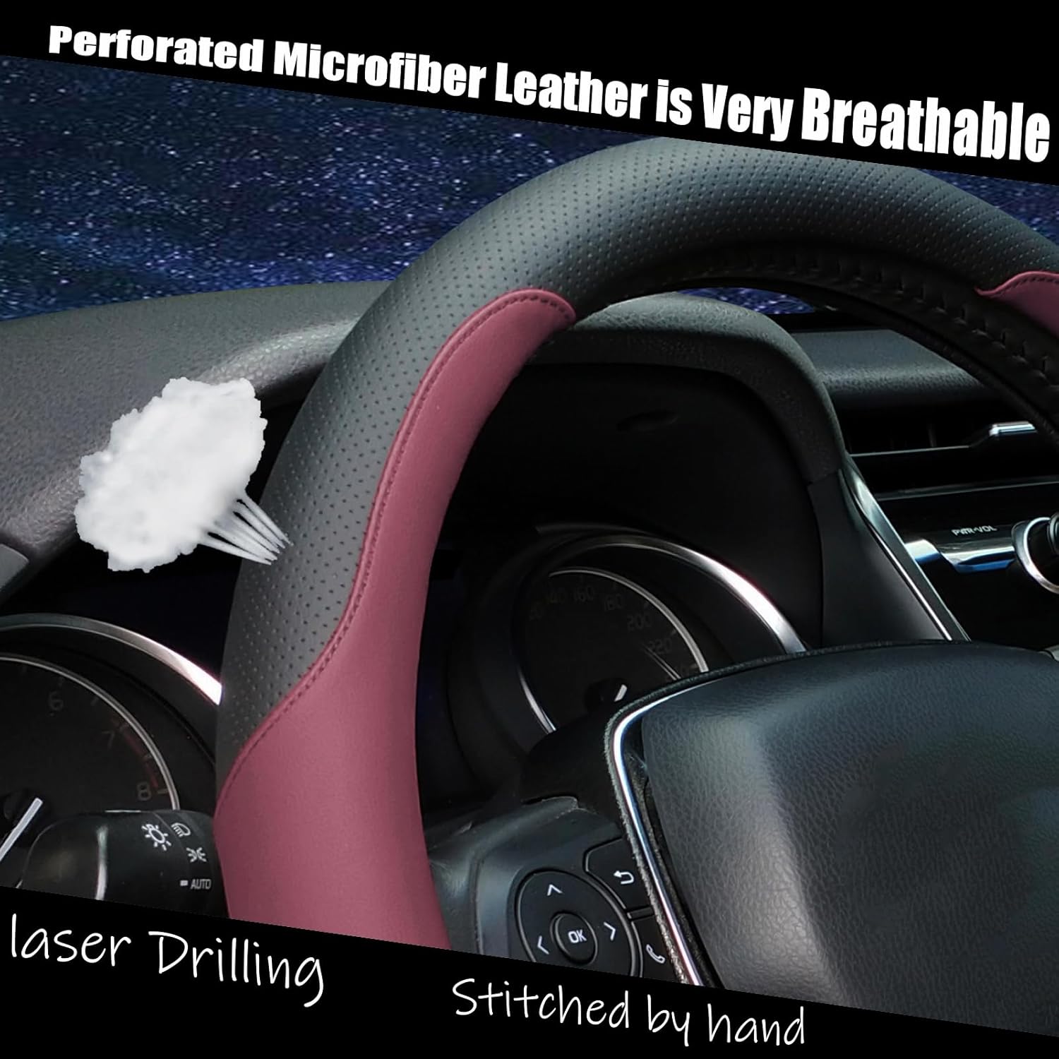 Steering Wheel Cover Standard Size Medium 14.5-15 inch, Breathable Microfiber Leather, Anti-Slip, Soft Grip, Universal Fit for Cars SUVs Trucks, Black and Burgundy
