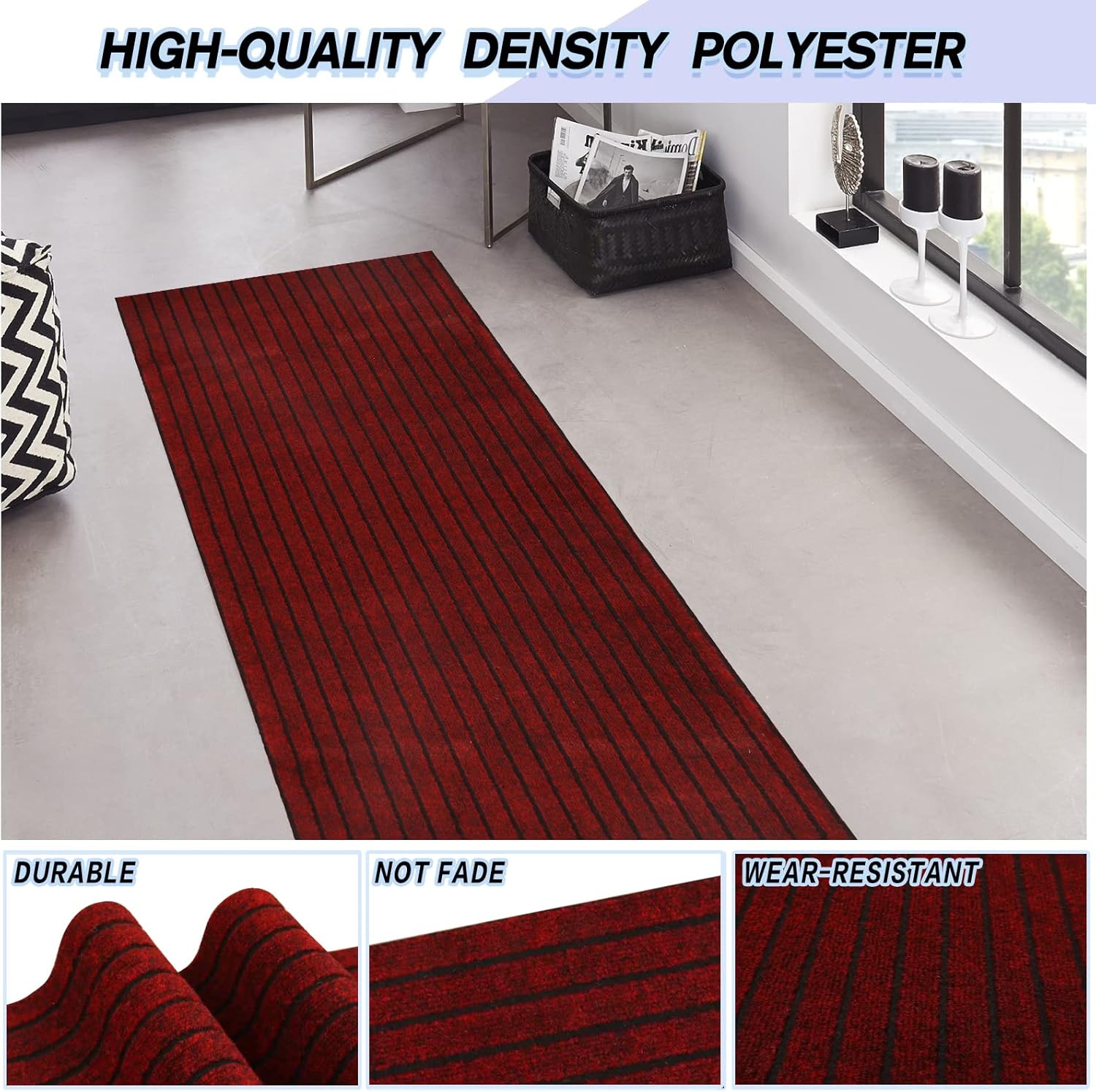 Custom Size Backed Non-Slip Area Rugs Runner, Easy Clean, Waterproof Runner Rugs for Hallway Entryway, Kitchen, Laundry, 3FT x 38FT, Red Stripe