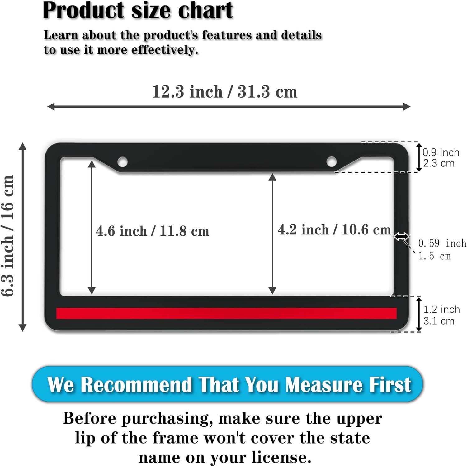 License Plate Cover Black and Red License Plate Frames Firefighter Red Line Flag Universal Aluminum Car Accessory 2 Pack with Screw Covers Set