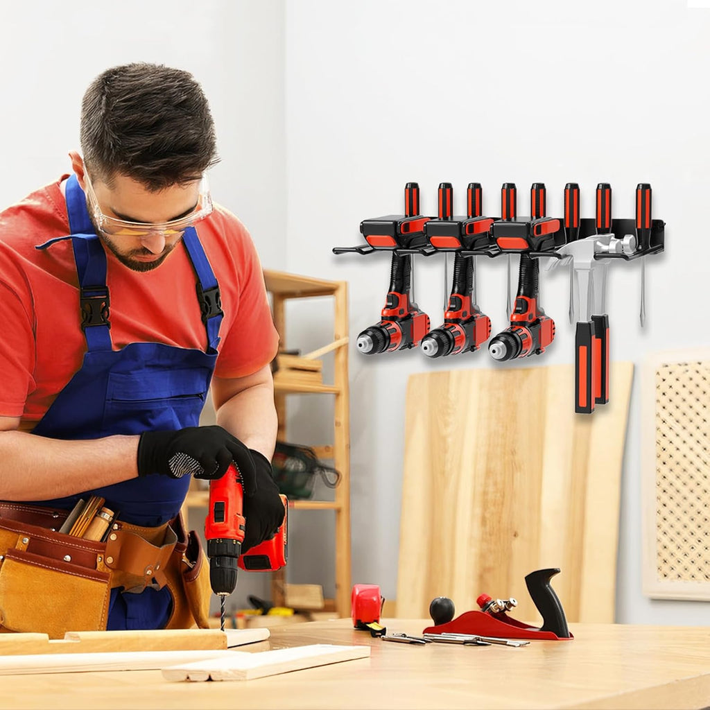 Drill Holder Power Tool Organizer Wall Mount, 4 Cordless Drill Racks with Screwdriver Hole, Heavy Duty Metal Garage Tool Organizer Storage for Tool Room Workshop Basement(1 Tier Black)
