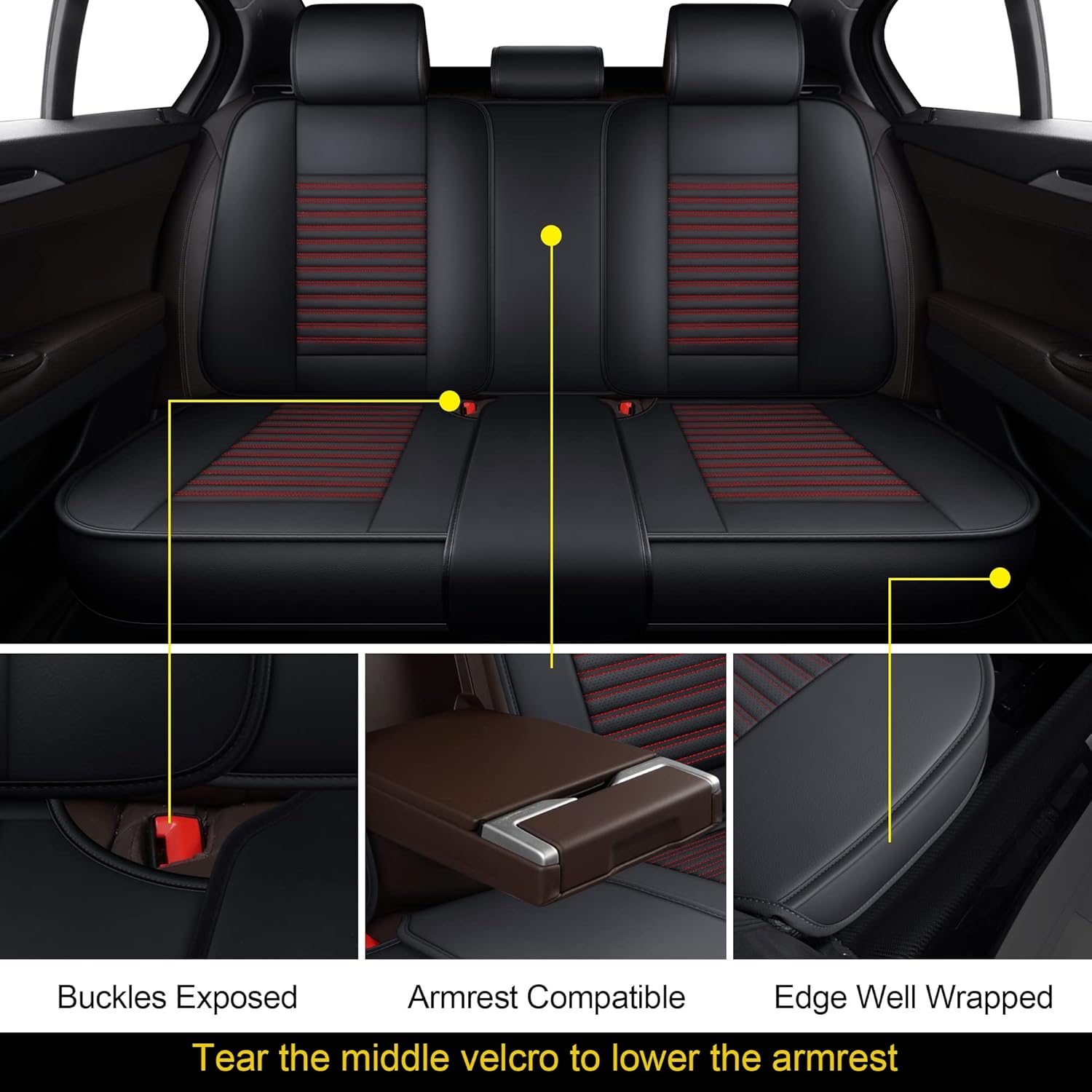 LINGVIDO Leather Car Seat Covers,Breathable and Waterproof Faux Leather Automotive Seat Covers for Cars SUV Pick-up Truck Sedan,Universal Anti-Slip Driver Seat Cover with Backrest (Rear Seat, Red)