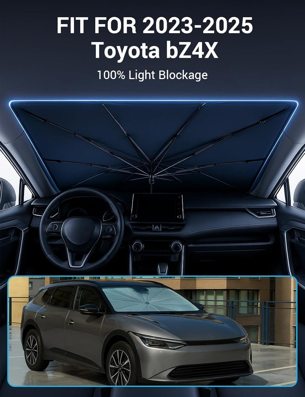 Proadsy Windshield Sun Shade Umbrella for Toyota bZ4X 2023-2025 2026 Foldable Car Umbrella Sunshade with Soft TPU Handle Spring Structure Crystal Cooling Material Protect Car from Rays & Heat