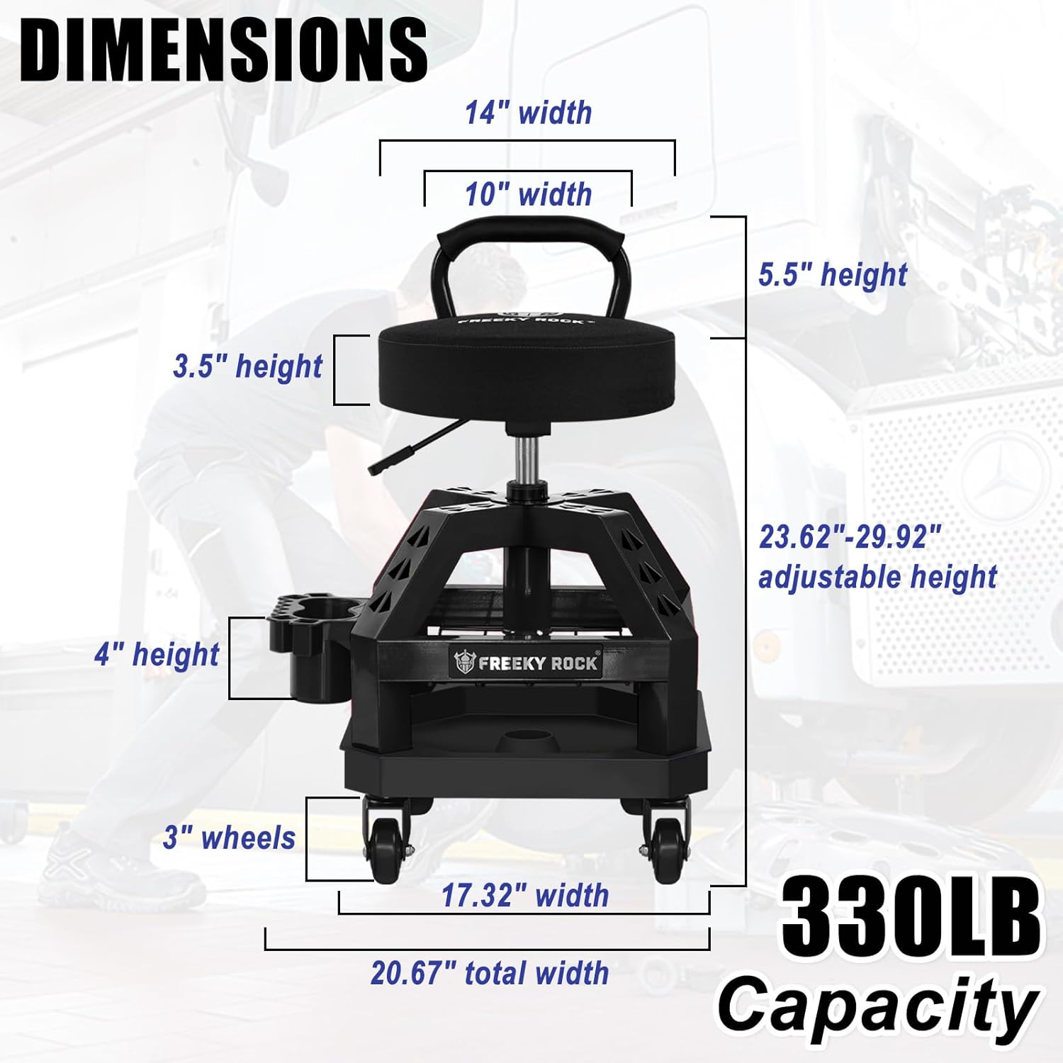 Rolling Shop Stool with Wheels, Heavy Duty Garage Work Mechanic Stool with Backrest, Adjustable Height 360°Swivel Rolling Chair with Tool Tray Storage, 330 LBS Capacity, Black