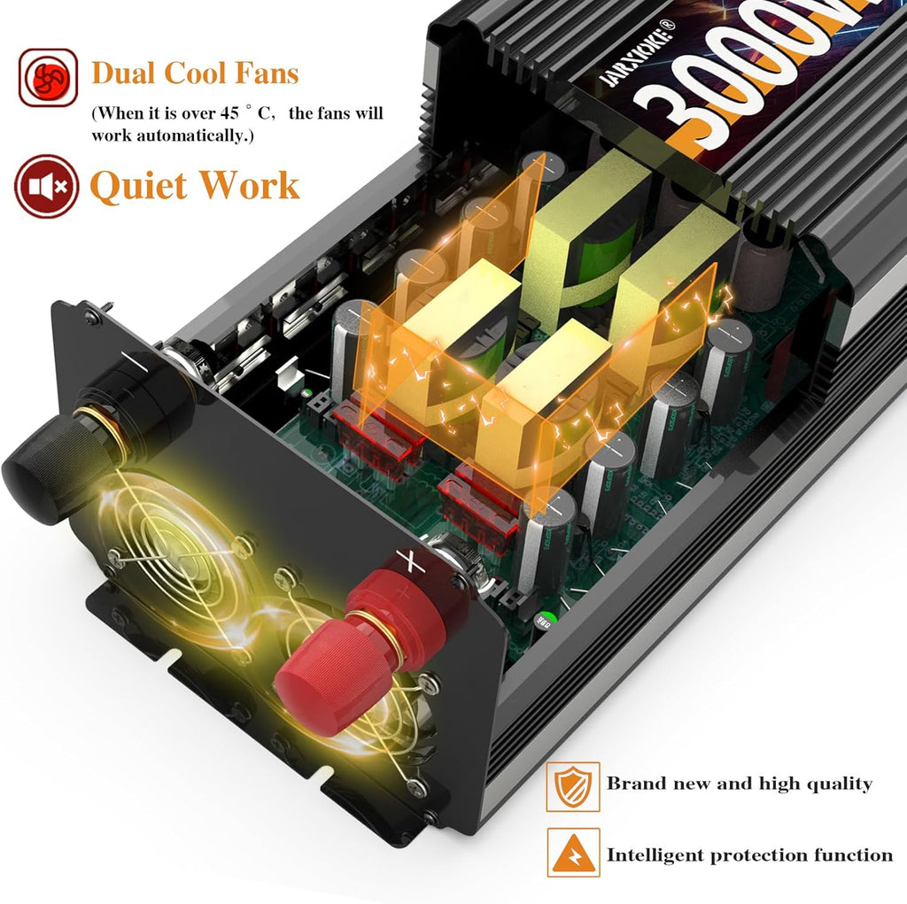 3000W Power Inverter 12V DC to AC 110V/120V (Peak) 6000W Converter 3 sockets car Inverter with Remote Control and LED Display 3.4A USB Port