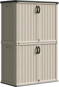 Patiowell 50 cu.ft Plastic Outdoor Storage Shed, Lockable Waterproof Resin Storage Cabinet Vertical Storage Shed for Garden Tools, Garbage Cans, Pool Supplies, Beige(Not Include Shelves)