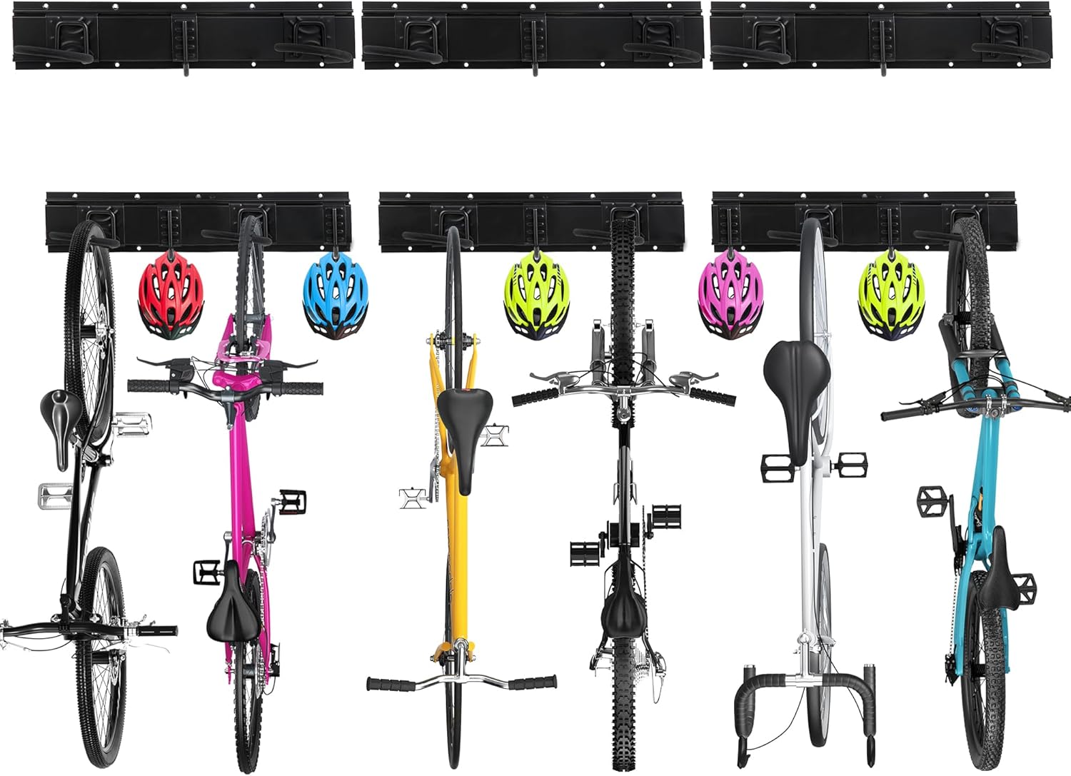 Sinoer Bike Storage Rack,Bike Wall Rack, Bike Storage Wall Mount for 6 Bikes + 5 Helmets Tool Storage Hook Adjustable for Garage or Home Vertical Bike Rack, 20 inches / 511mm - 3 Rails
