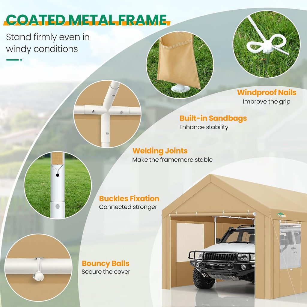 COBIZI Carport Canopy 12x20 Heavy Duty Portable Garage with Roll-Up Ventilation Windows & Doors, Removable Sidewalls Car Canopy Tent Waterproof with Built-in Sandbags for Cars, Boats, Trucks, Khaki