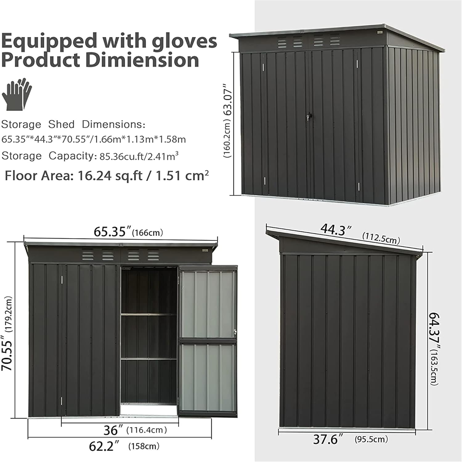 IKERY Compact Galvanized Steel Garden Shed 5' x 3' with Sloping Roof & Lock - Metal Utility Storage for Small Backyard, Balcony - Dark Gray