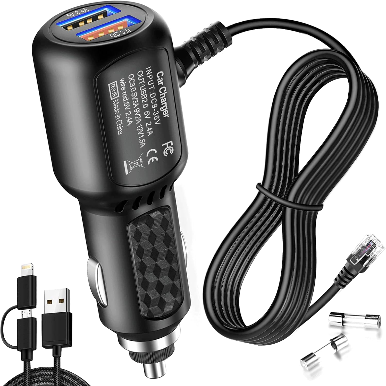 Radar Detector Power Cord,for Uniden Escort Valentine Beltronics Passport Cobr etc Radar Detector,with Dual USB QC3.0 Quick Charger（RJ11
